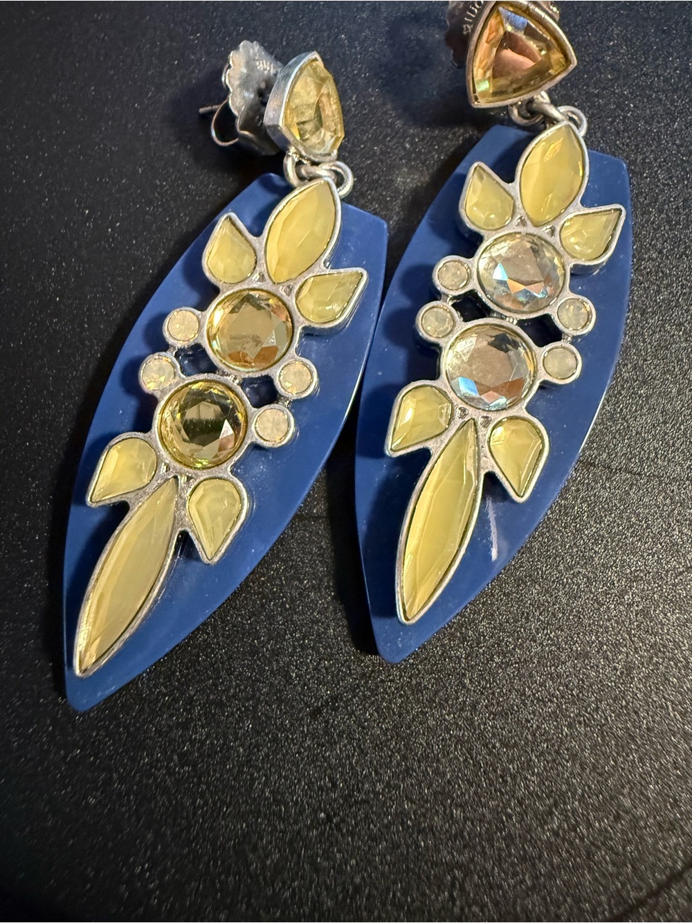Lia Sophia Navy Blue and Pale Yellow Crystal Drop Earrings